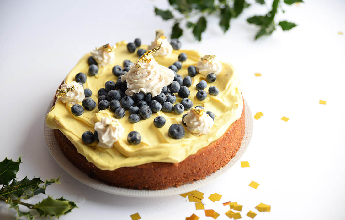 Recipe from Oil & Vinegar for a Lemon Tart Cake with blueberries