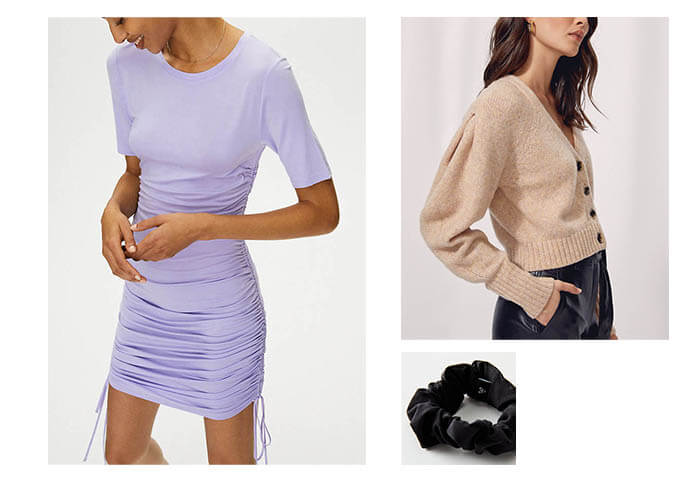 Aritzia Leisure Look with ruched t-shirt dress, cardigan and scrunchie