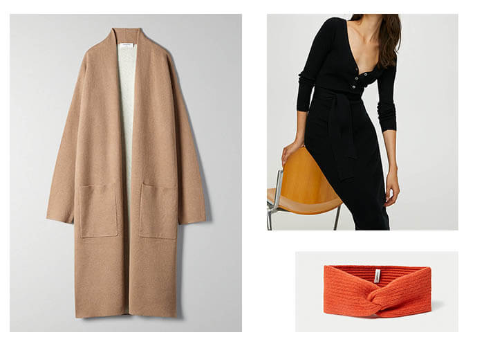 Aritzia leisure look with cardigan, jersey dress and cashmere headband.