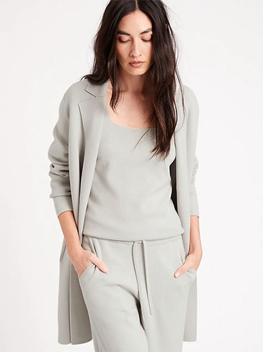 Model wearing matching gray loungewear