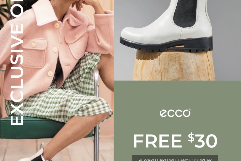 A woman models ECCO boots beside a written offer.