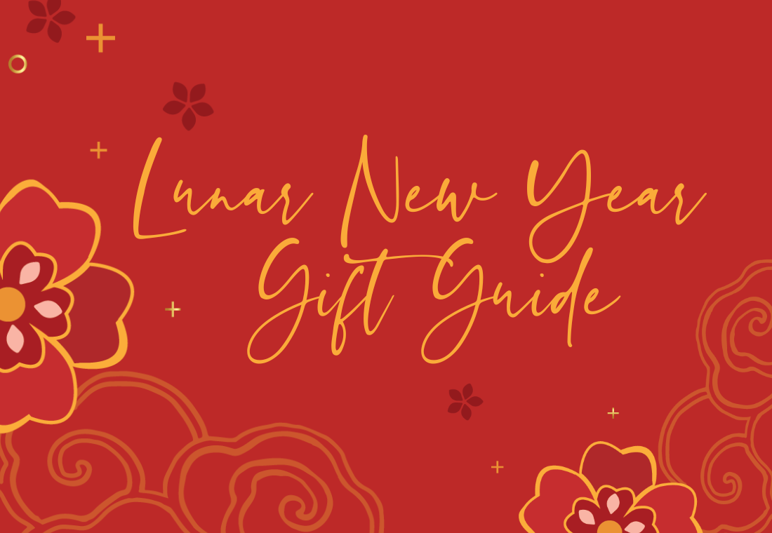 Red background decorated with golden flowers, and "Lunar New Year Gift Guide" written in golden script font.