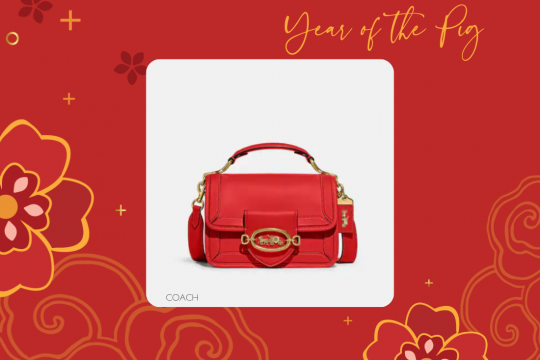 A white square frame at the center of a red floral background, with an image of a red Coach bag with a gold buckle. The text at the top says Year of the Pig and the text at the bottom says COACH. 