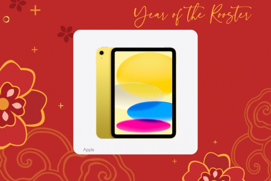 A white square frame at the center of a red floral background, with an image of a yellow iPad in the middle. The text at the top says "Year of the Rooster." The text at the bottom says Apple.