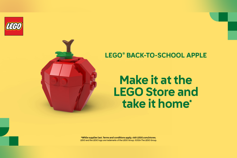 Visit a participating LEGO Store on 8/4 from 12-2PM to build this LEGO® Back to School Apple and take it home.