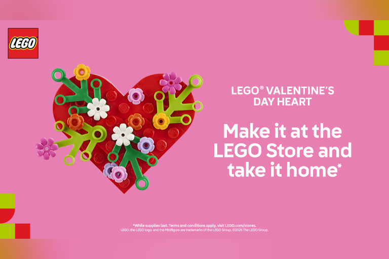 Visit a participating LEGO® Store on 2/9 from12-2 PM to build this LEGO Valentine's Day Heart and take it home. While supplies last. Terms & Conditions apply, visit LEGO.com/stores to find out more.