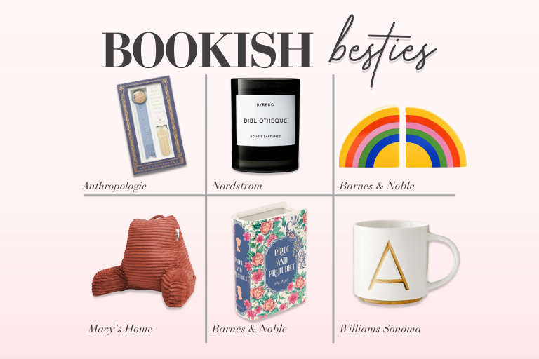 Treat your favorite reader to cozy gifts that will make their favorite books even better. • Good Juju Ink Fairytale Bookmarks, Set of 2 – Anthropologie • Byredo Bibliotheque Candle – Nordstrom • Rainbow Bookends – Barnes & Noble • Nestl Cut Plush Striped Reading Pillow – Macy’s Home • Pride & Prejudice Book Vase – Barnes & Noble • Gold Monogram Mug – Williams Sonoma