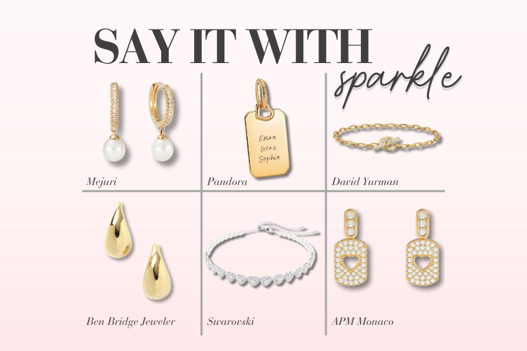 • Pavé Diamond Pearl Huggies – Mejuri • Engravable Rectangular Tag Pendant – Pandora • DY Madison® Pavé Toggle Chain Bracelet – David Yurman • Toscano Teardrop Studs – Ben Bridge Jeweler • Ariana Grande x Swarovski Tennis Choker – Swarovski • Heart Pavé Medal Earrings – APM Monaco