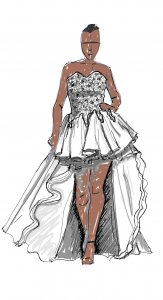 A fashion sketch of a high-low dress on a croquis