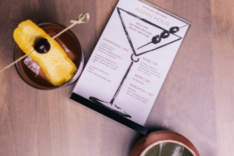 Enjoy Central Bar's $10 Happy Hour menu every Monday, all day long.