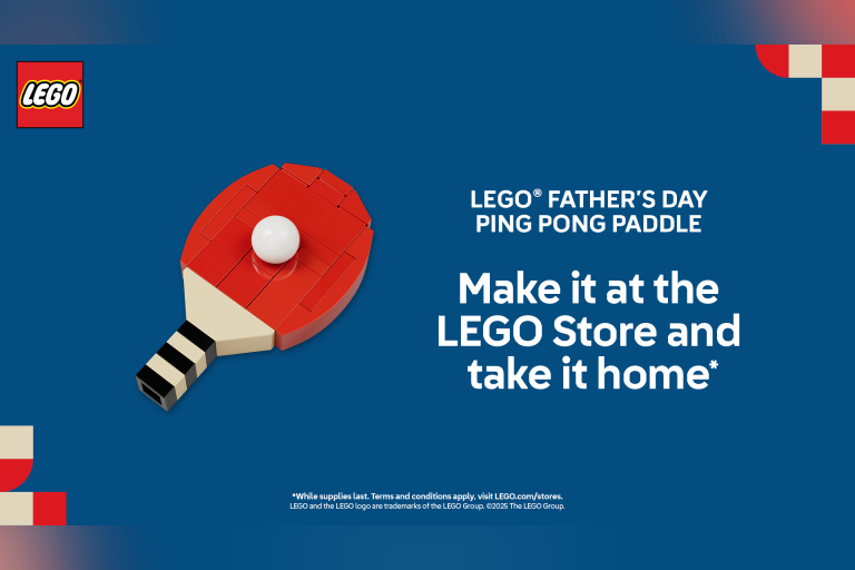 Visit a participating LEGO® Store on 6/8 from 12-2 PM to build this LEGO® Father's Day Paddle and take it home.