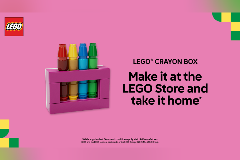 Visit a participating LEGO® Store on 8/24 from 12-2 PM to build this LEGO Crayons and take it home. While supplies last. Terms & Conditions apply, visit www.LEGO.com/stores to find out more.