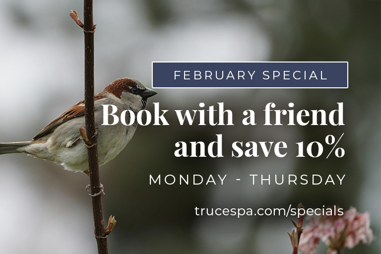 This February, plan a weekday spa visit with someone you love. Book any Monday–Thursday service at TRUCE Spa with a second guest and you’ll both receive 10% off your services.