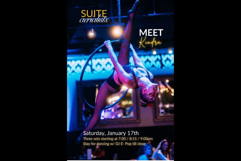 Join us for dinner & drinks and behold this weekend’s aerial performances by the amazing Kindra McDougall, performances starting at: 7:30 / 8:15 / 9:00 PM.