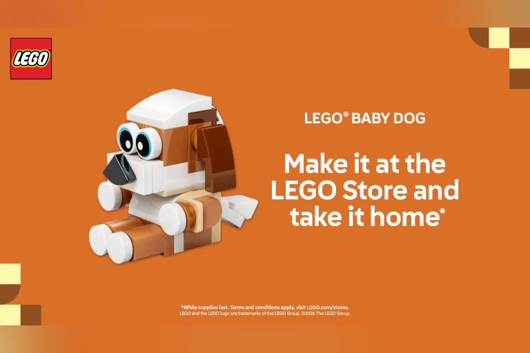Visit a participating LEGO® Store on 2/22 from 12-2 PM to build this LEGO Puppy and take it home. While supplies last.