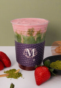 Vibrant strawberry jam meets a creamy matcha latte, finished with a light, cloud-like strawberry foam.